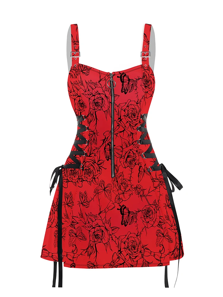 Women Summer Dresses Lace Up Half Zipper Mini Dress Rose Butterfly Print Buckle Strap Dress Sleeveless Red Dresses