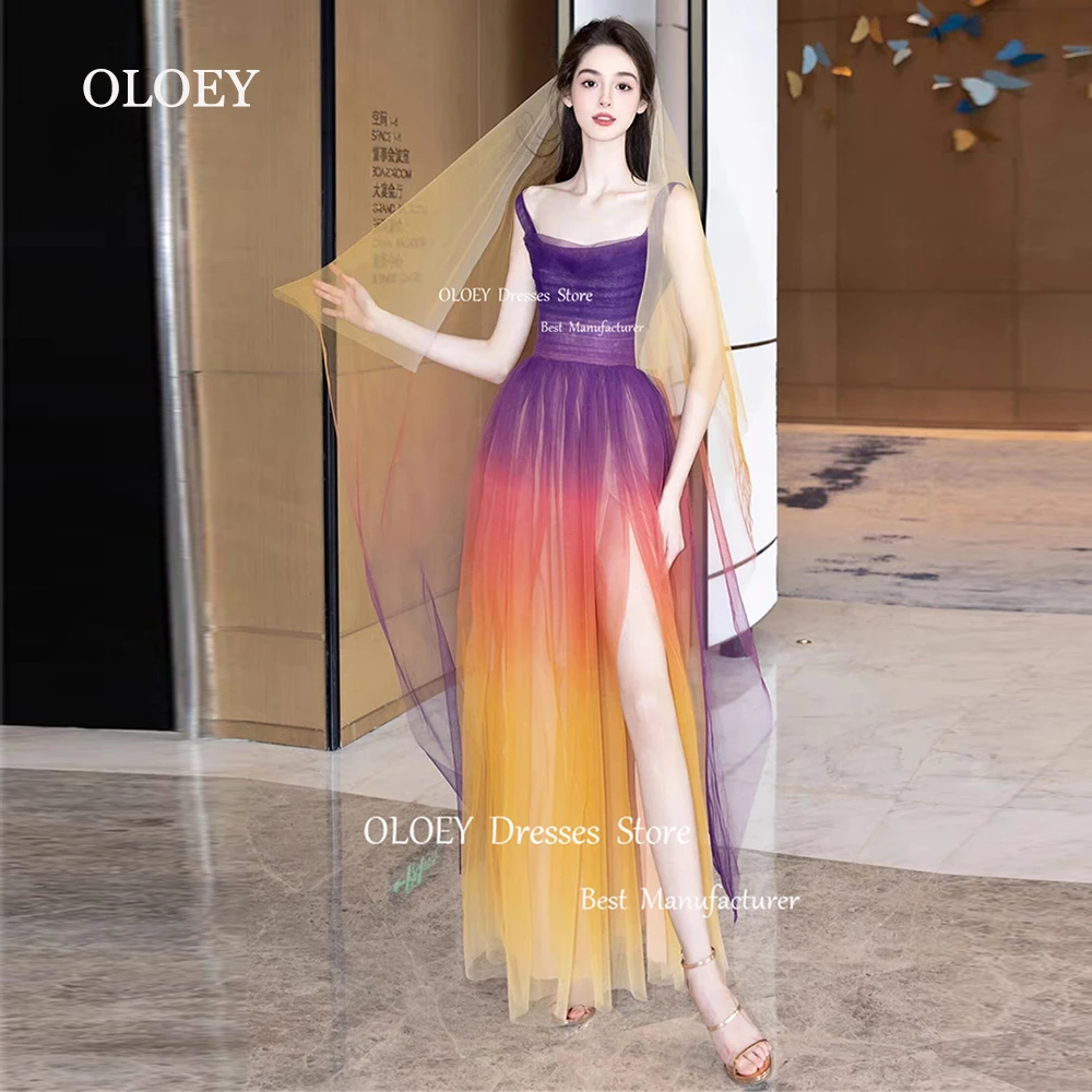 

OLOEY Unique Glitter Tulle Prom Dresses Square Collar Sleeveless Performance Dresses High Slit Ankle Length Evening Dress Custom