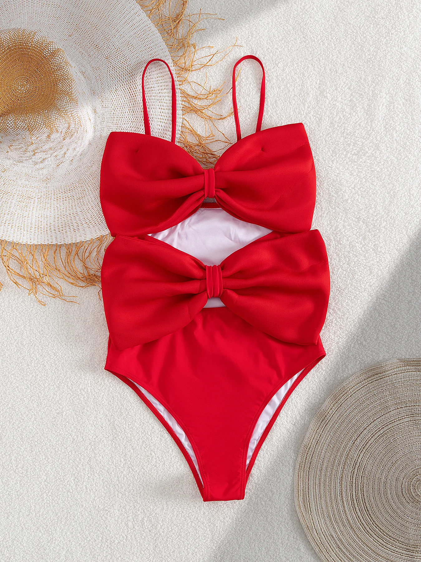 Sexy Red Front Double Big Bow One Piece Swimsuit 2025 Women Hollow Out Slim Swimwear Summer Beach Holiday Bathing Suit Monokini