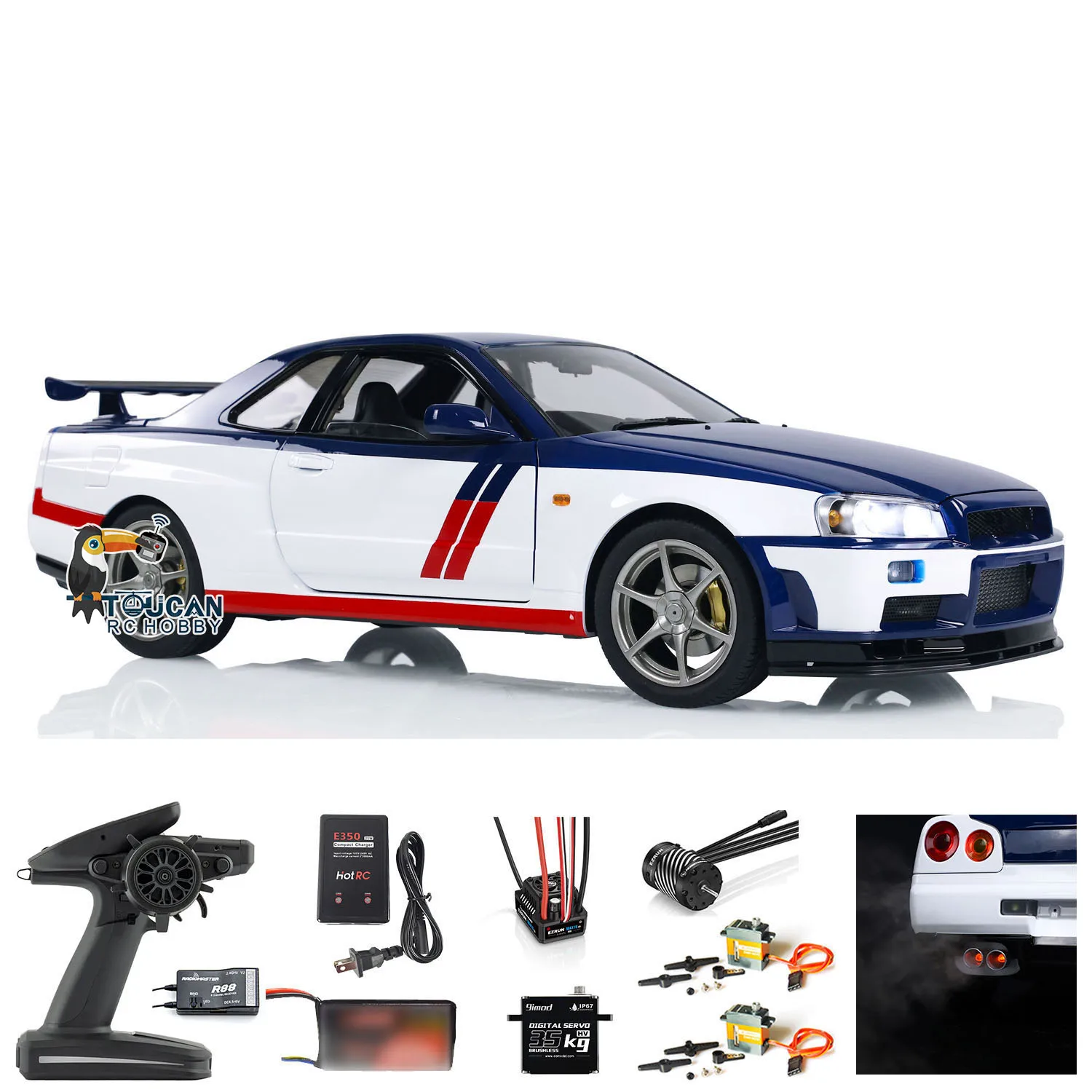 1/8 Capo R34 RC Auto Da Corsa In Metallo 4WD 4x4 Ad Alta Velocità FAI DA TE RTR Drift Auto Suono Leggero Fumatori Finito Pronto per correre