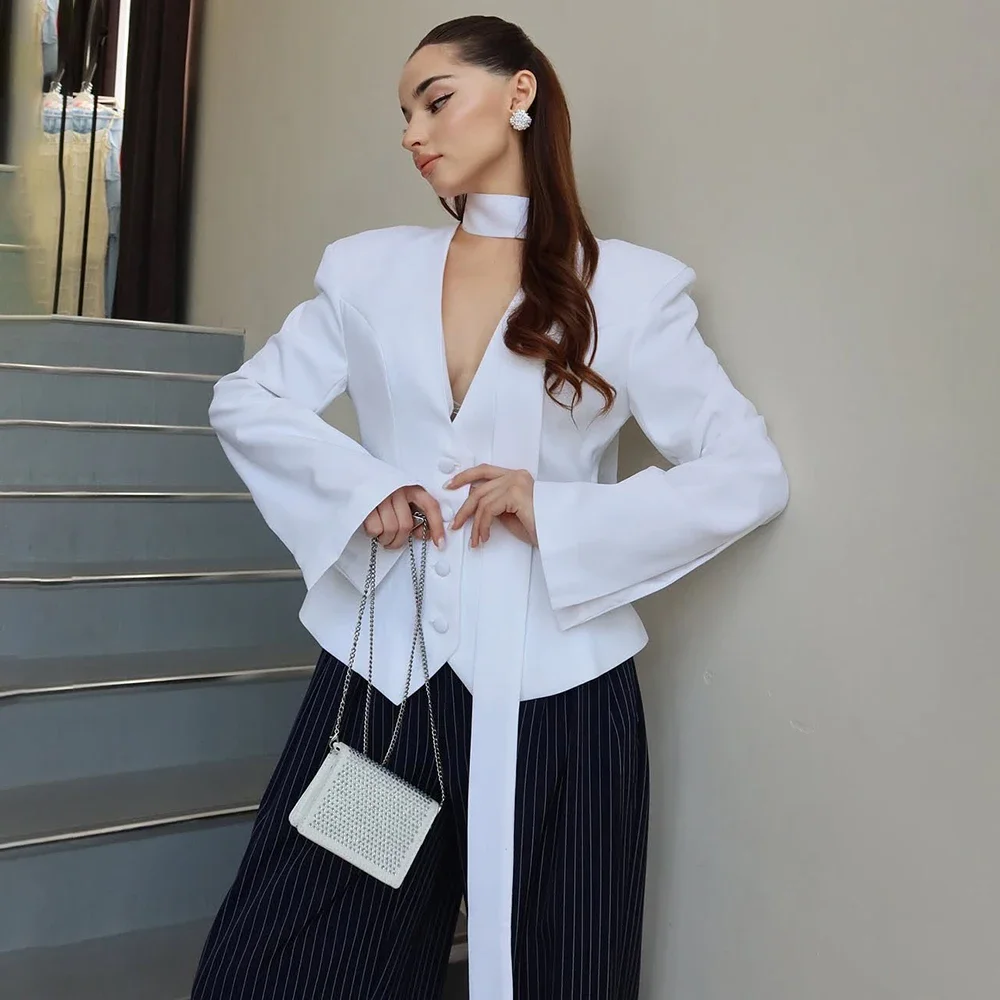 2025 Nuovo scollo a V Sciarpa Giacca sportiva da donna Elegante vita stretta monopetto Cappotto a maniche lunghe Donna Casual Slim Blazer