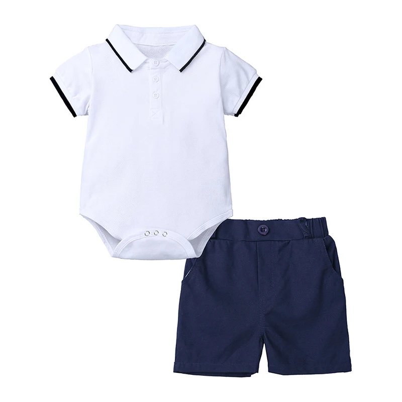 

6-24 Months Baby Boy Outfits Gentleman's Suit Lapel Short Sleeve Bodysuits Tops with Shorts 2Pcs Set Toddler Infant Boy Clothes