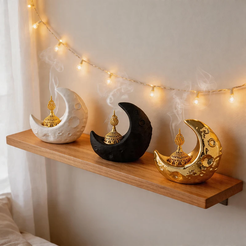 

Middle East Arab Style Moon Crescent Shaped Ceramic Handheld Incense Burner House Room Decoration Bottles Aromatherapy Diffusion