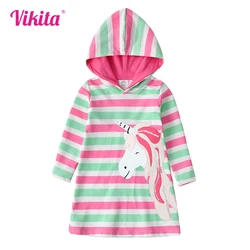 VIKITA Girls Hooded Dress Kids Licorne Appliqued Striped Dresses Girls Autumn Spring Long Sleeve Cotton Casual Straight Dress