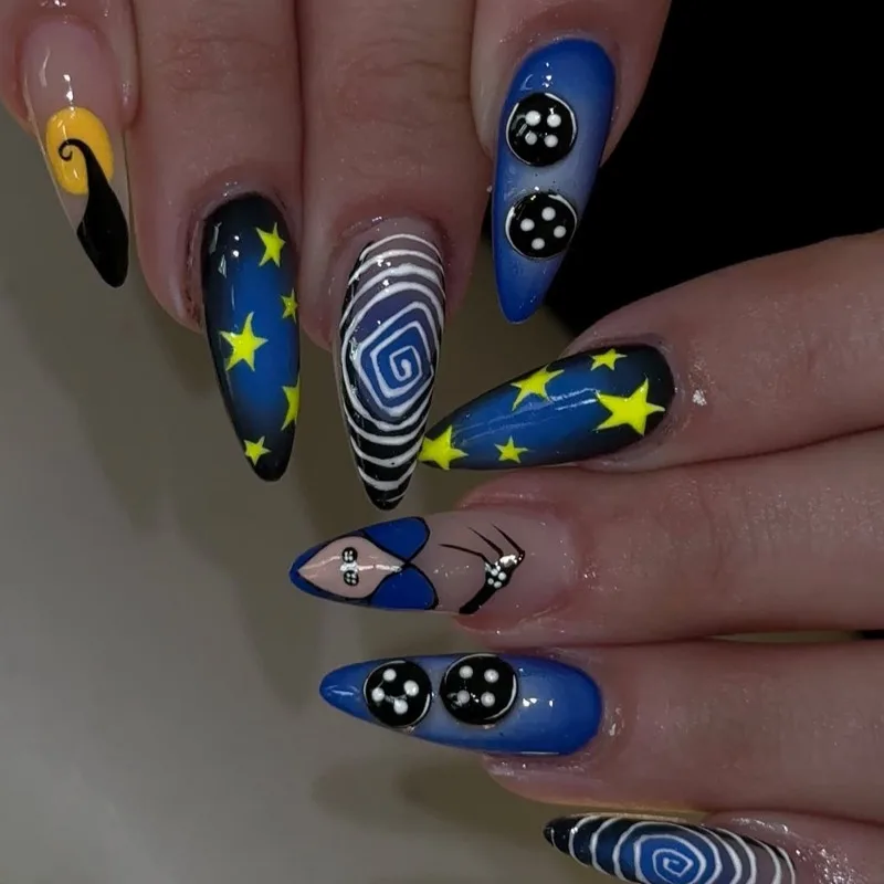 

24PCS Sweet Cool Dark Blue French Stiletto Press on False Nails Yellow Star Swirl Patterns False Nails Gothic Almond Fake Nails