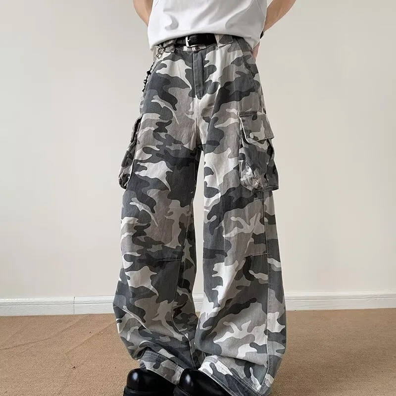 American Washed Camouflage Workwear Jeans Men Women Street Style Loose Wide Leg Multi Big Pockets Summer Casual Denim Trousers