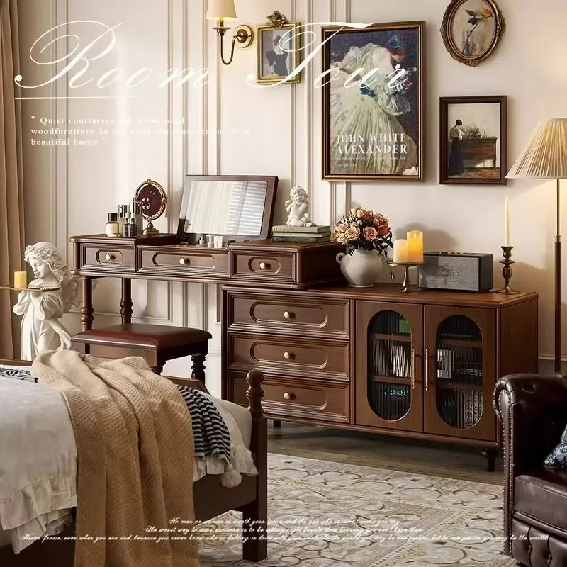 French Retro Rubber Wood Dresser Antique Bedroom Corner Makeup Table Vanity Chest Cabinet with Storage Nightstand for Small
