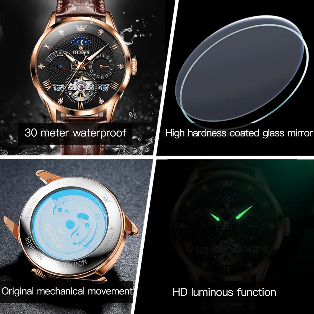 OLEVS Skeleton Flywheel Original Mechanical Wristwatch for Men Fashion Leather Strap Moon Phase Man Watch Luxury Automatic Watch