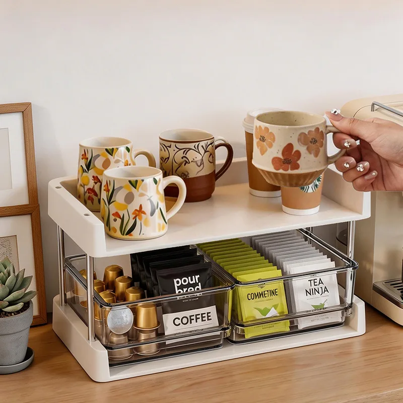 Desktop Coffee Station Organizer With Drawer Multi Layer Countertop Storage Rack For Tea Bag Mug Spice Kitchen Table Decor