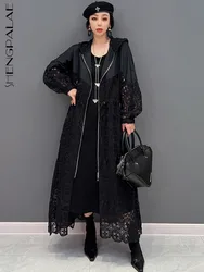 SHENGPALAE Vrouw Hollow Out Afdrukken Capuchon Trenchcoat Losse Rits Vest Zwarte Jas Bovenkleding Kleding 2024 Lente 5R1164