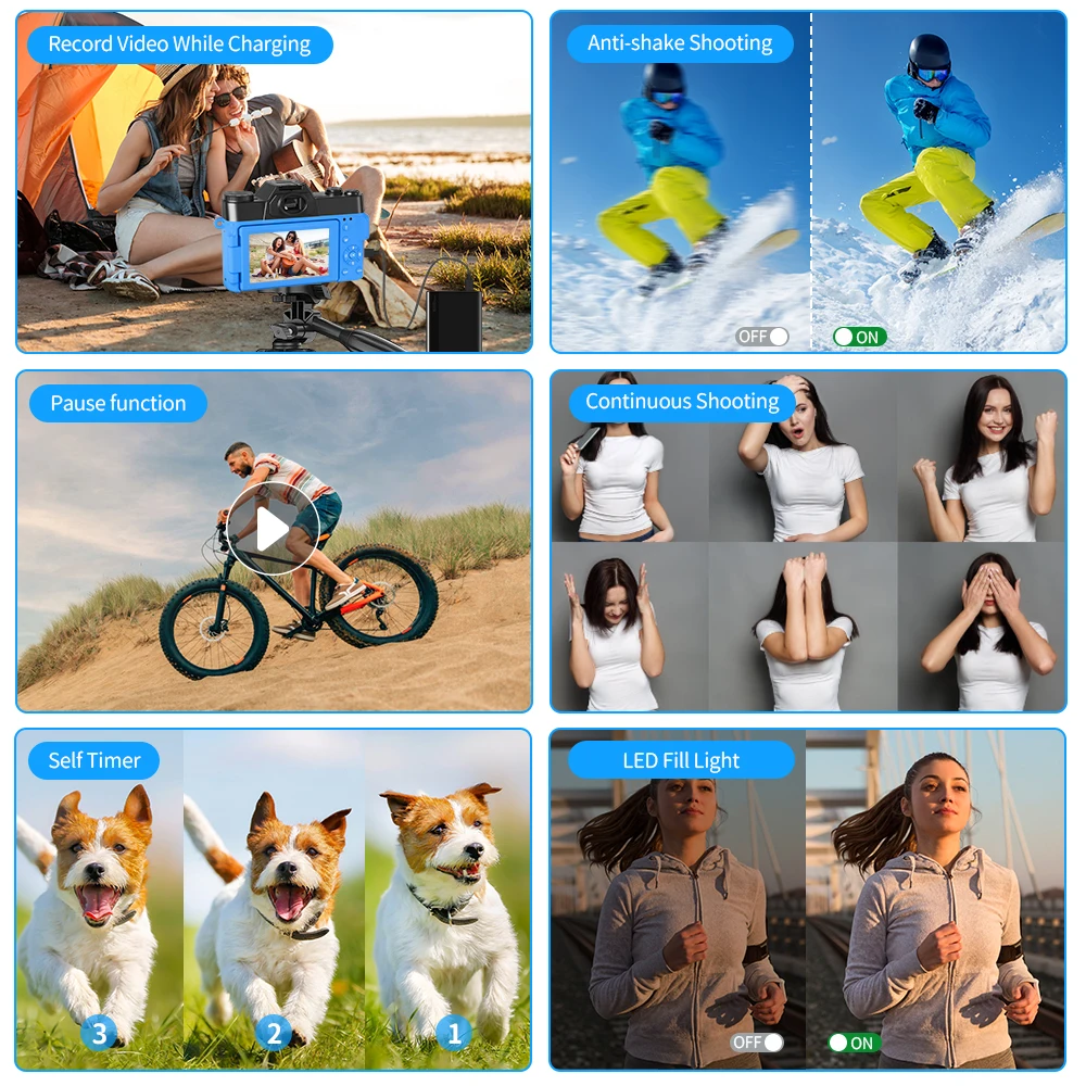 Câmera Digital 4K para Fotografia e Vídeo Autofoco Anti-Shake 56MP Câmera Compacta Vlogging 3'' 180 °   Tela dobrável com flash