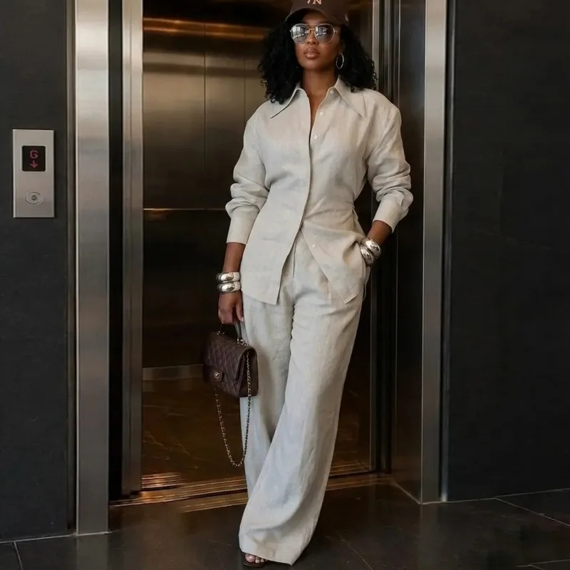 Elegant Ladies African Solid Matching 2‑Piece Set Long Sleeve Shirt + Wide Leg Long Pants Business Casual Outfit Plus Size