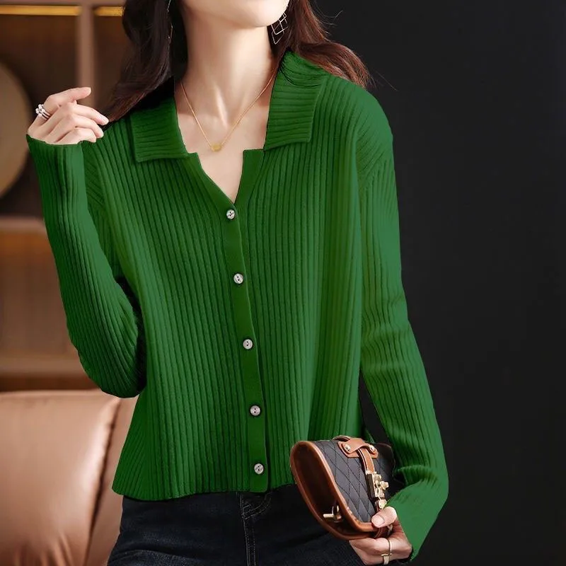 Women Clothing Fashion Polo-Neck Knitted Pullovers Spring Autumn Exquisite Solid Knitwear Office Lady Casual Loose Chic Top