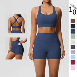 Ropa deportiva con bolsillo para mujer, conjunto de Yoga, ropa de gimnasio, trajes de Yoga para mujer, chándales, pantalones cortos deportivos, sujetador cruzado, mallas de gimnasio, 2 uds.
