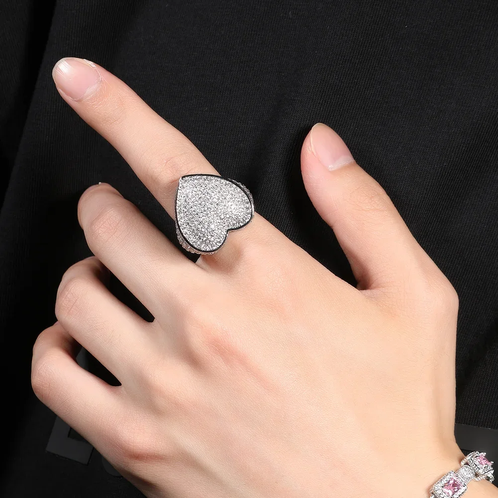 Hip Hop Full Paved Sparking CZ Ring For Women Big Heart Shaped Valentine's Gift Bling 5A Cubic Zircon Fashion Jewelry