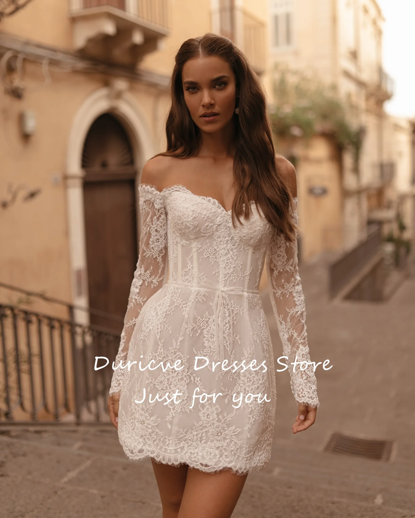 Duricve Customized Lace Applique Mini Wedding Dresses Sweetheart Long Sleeves Short Civil Bridal Gowns After Party Dress