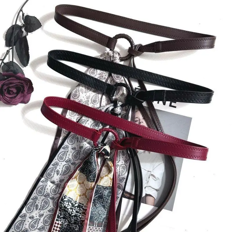 

Vintage Decorative Waist Belt Punk Bandana Silk Scarf Leather Belt Woman Red Black Khaki Hip Hop Thin Belt For Denim Jeans