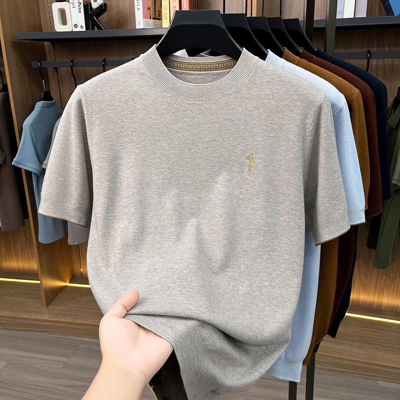 High-end Men's Crew Neck Knitted Sweater Casual Embroidered Trendy Base Shirt Short-sleeve T-shirt Solid Color Top for Summer