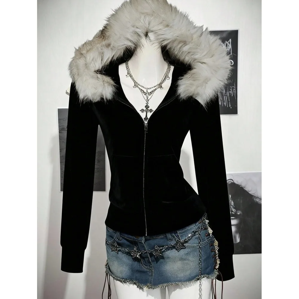 Black Velvet Zip Up Hooded Jacket Large Faux Fur Trim Hood Slim Fit Y2K Goth Alt Grunge Streetwear Long Sleeve Outerwear