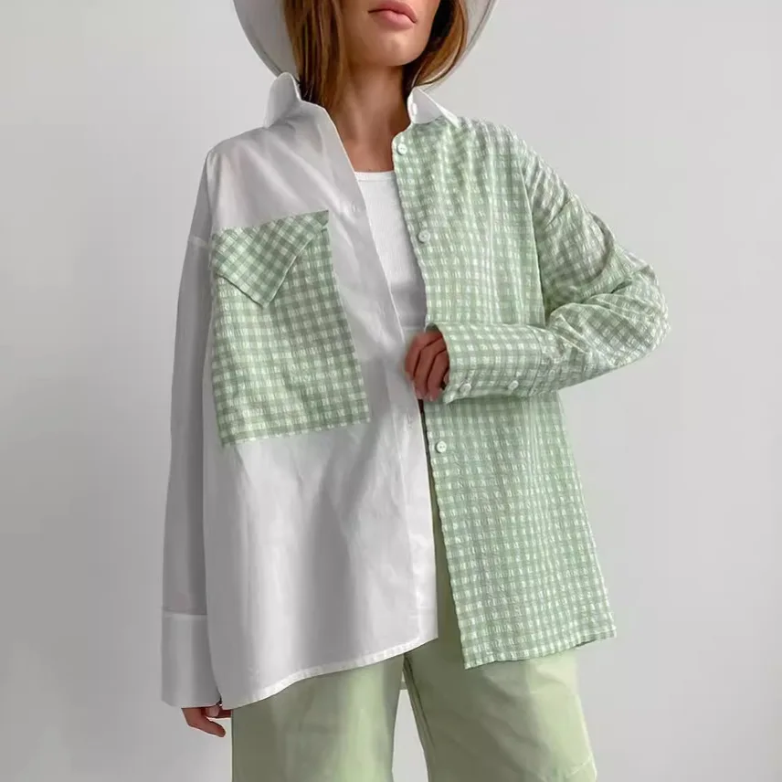 

New design sense patchwork checkered shirt French lazy style casual commuting fashion personality versatile
