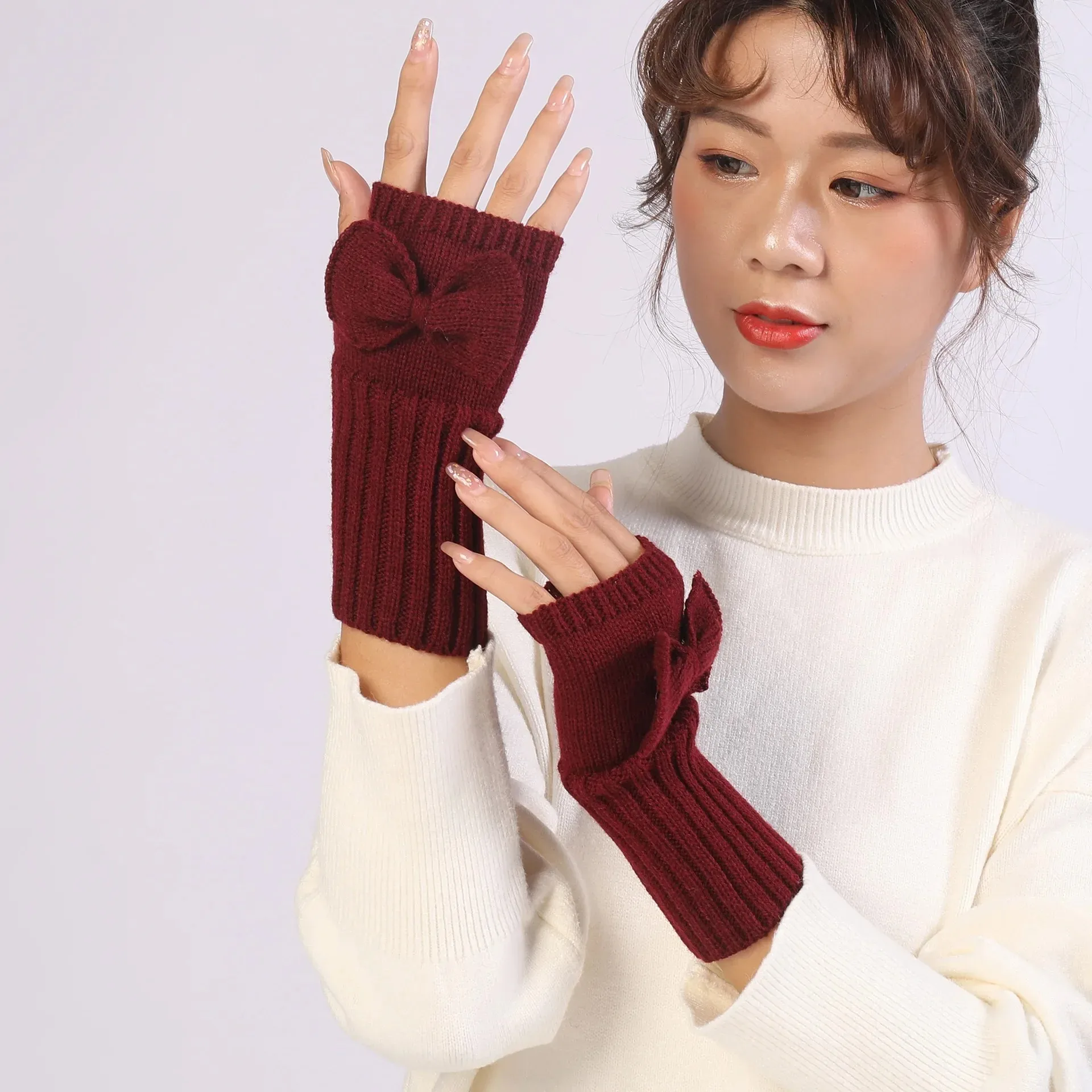 

Winter Cute Bow Half Finger Gloves Women Short Stretchy Fingerless Mitten Youth Student Fashion Warm Knitting Gloves Female