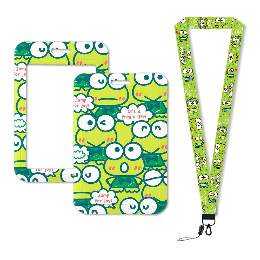 W tempat kartu kredit Lanyard Keroppi tempat lencana ID anak-anak tempat kartu identifikasi wanita tali leher grosir khusus