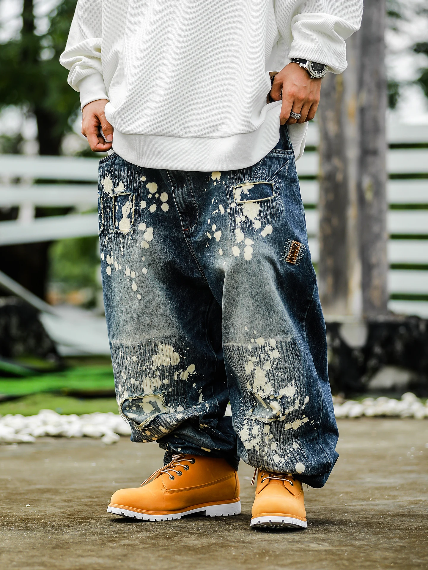 Acusa Jeans Heavy Distressed Paint Splatter Embroidery Baggy Loose Jeans Casual Wear Machine Washed Thick Denim Cotton 100%