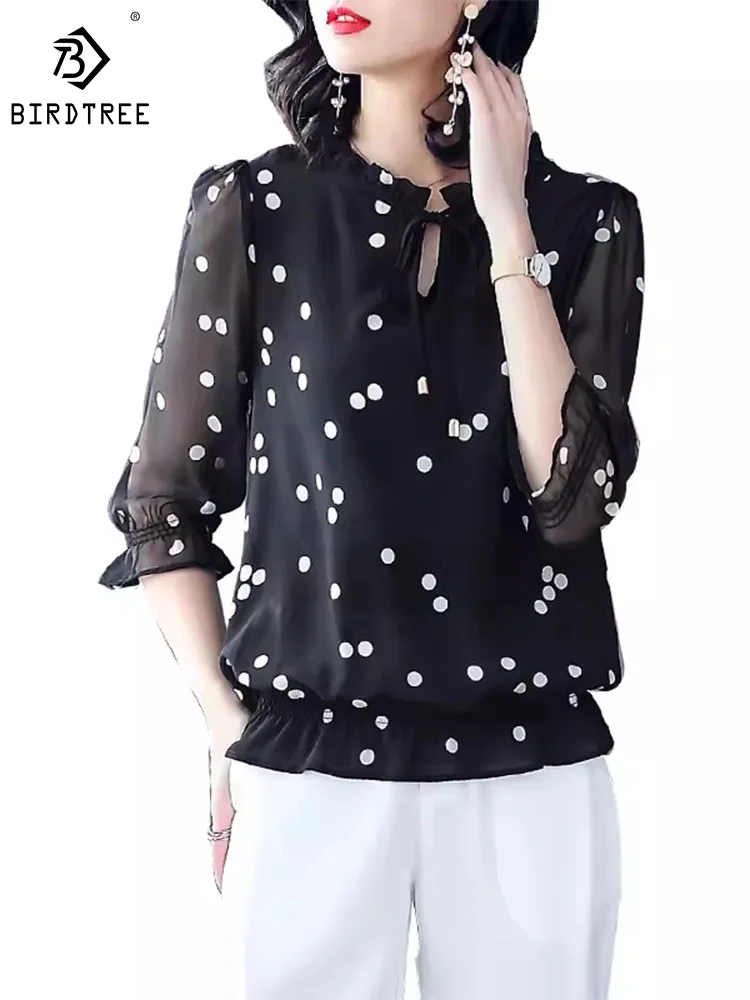 

BirdTree 100%Mulberry Silk Shirt for Women, 3/4 Sleeve V-Neck Polka Dots, Loose Elegant OL Blouses, 2024 Spring New Top T42292QM