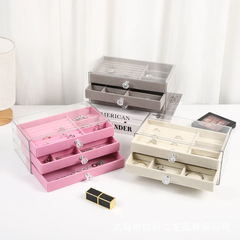 

New 1pc Three-layer Velvet Jewelry Box Transparent Drawer Type Earring Bracelet Organizer Display Box Jewelry Diy Storage Box
