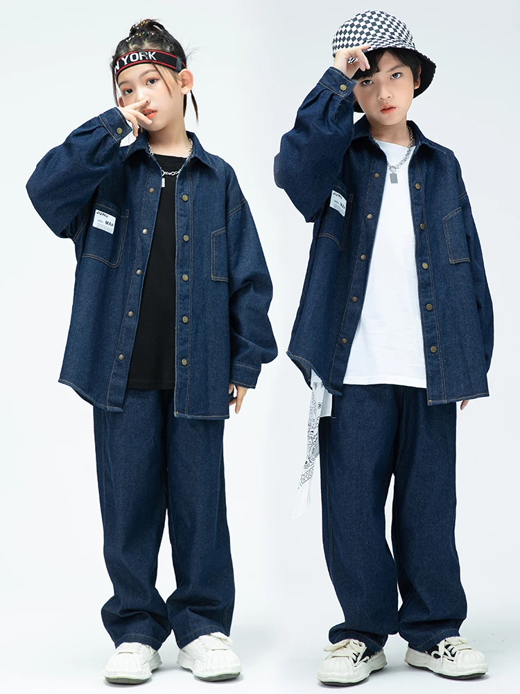 Ballroom Hip Hop Dance Clothes For Girls Denim Coat Pants Boys Hiphop Performance Suit Teenager Kids Modern Dance Costume BL9323