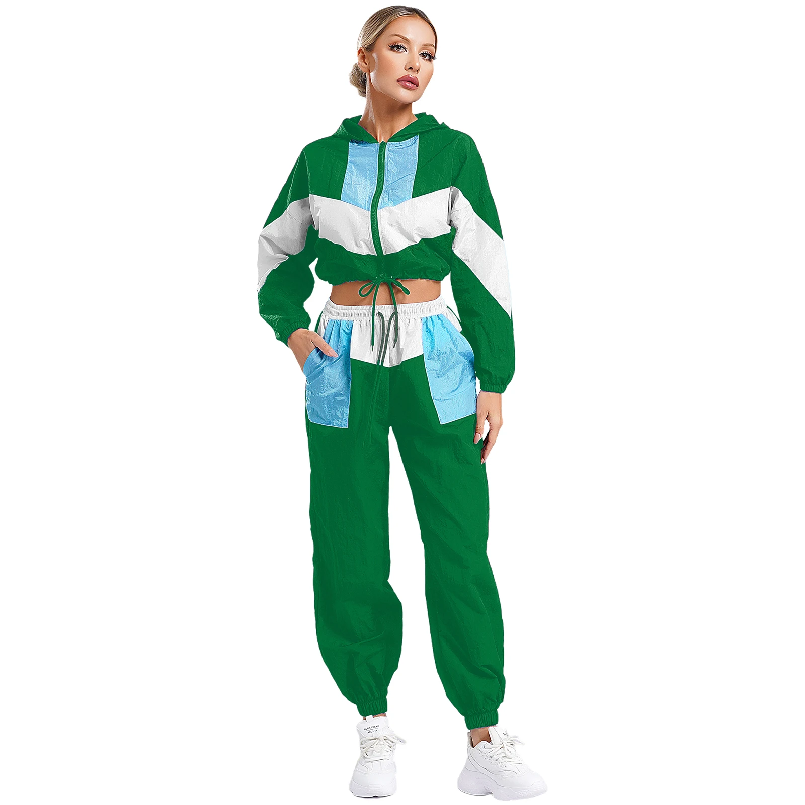 Hot Sale 2Pcs Sport Set Womens Spring Autumn Long Sleeve Color Block Zipper Hooded Jacket Outerwear+Drawstring Pants Tracksuit