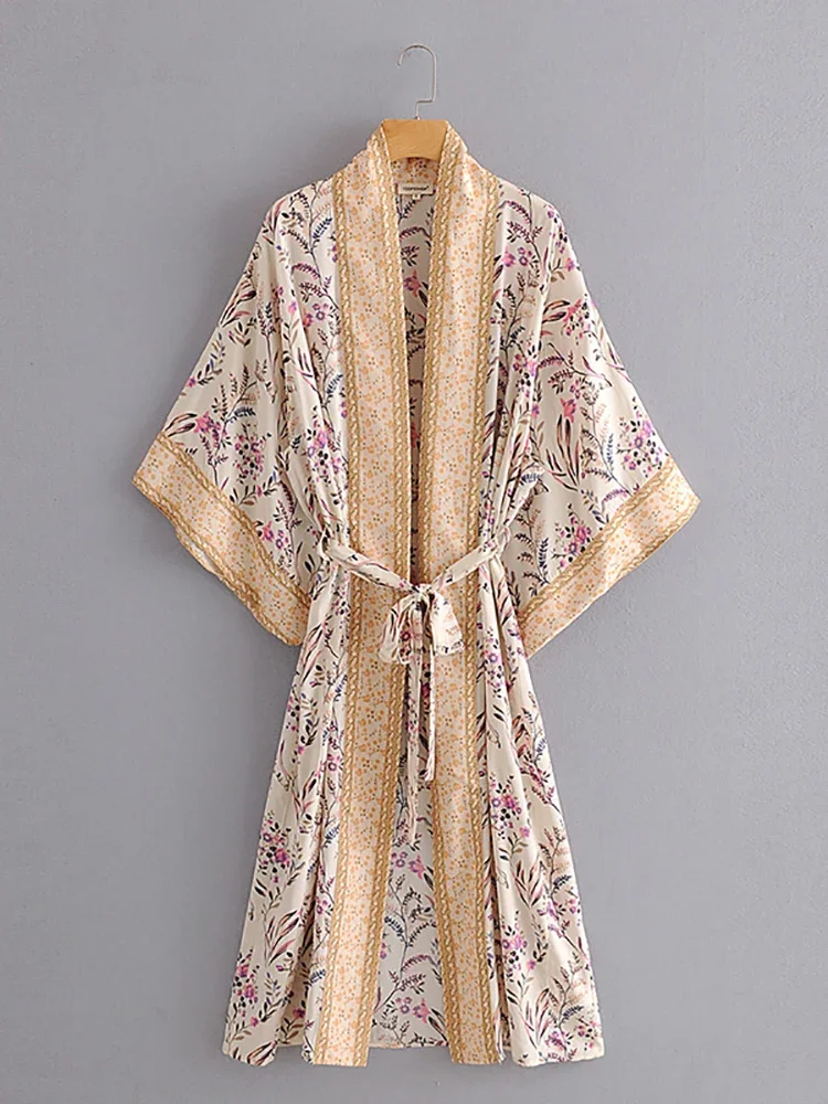 Print Bloemen Strand Kimono Badmode Met Sjerpen Katoen Slank Boheems Vakantie Lang Vest Sexy Groen Cover-Up Sale