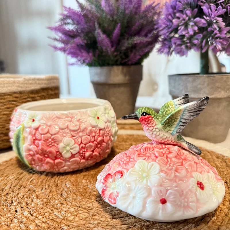 Nordic painted three-dimensional hummingbird ceramic storage jar,embroidered ball flower storage ornament,jewelry box home decor