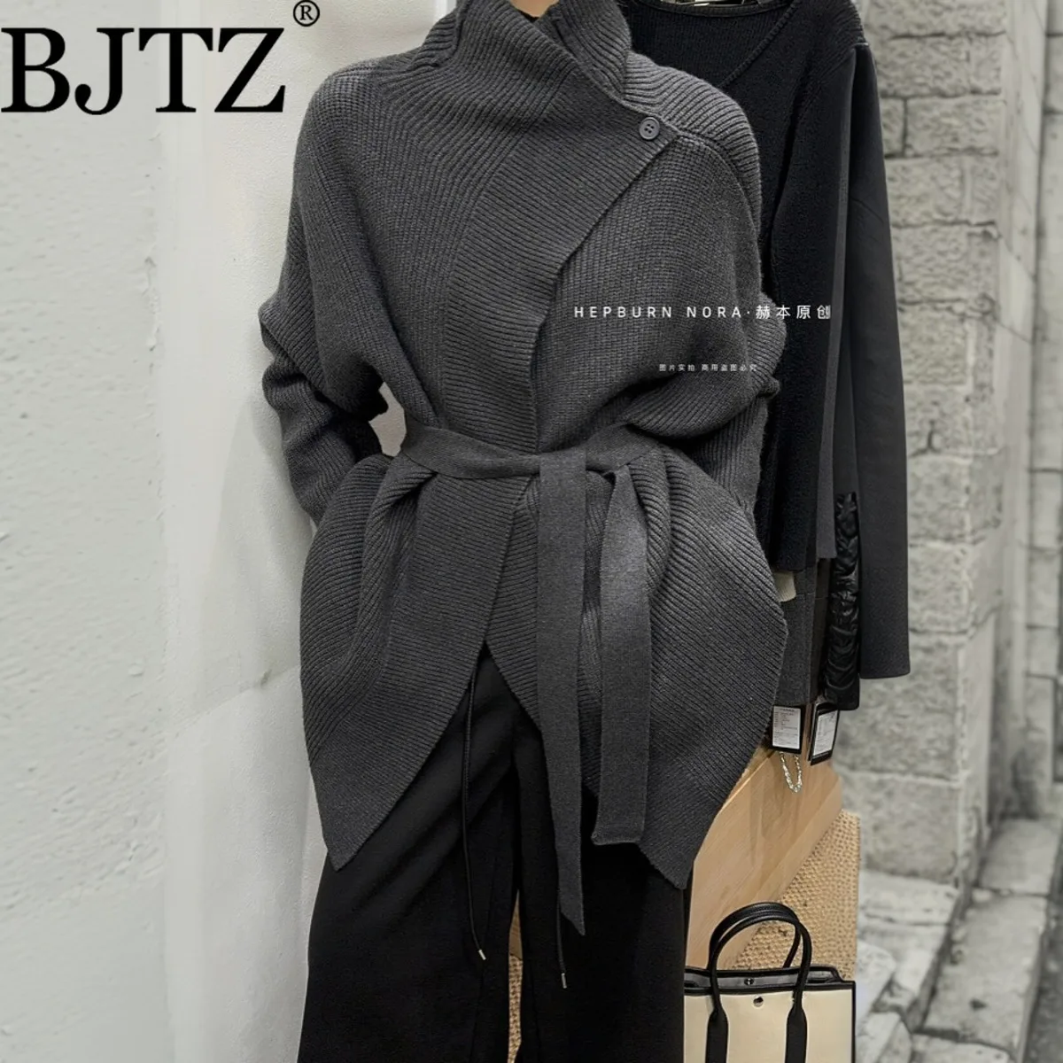 

BJTZ Fashion Elegant Designer Knitted Cardigan For Woman 2025 Autumn Winter New Lace-up Waist Office Lady Female Knit Jacket