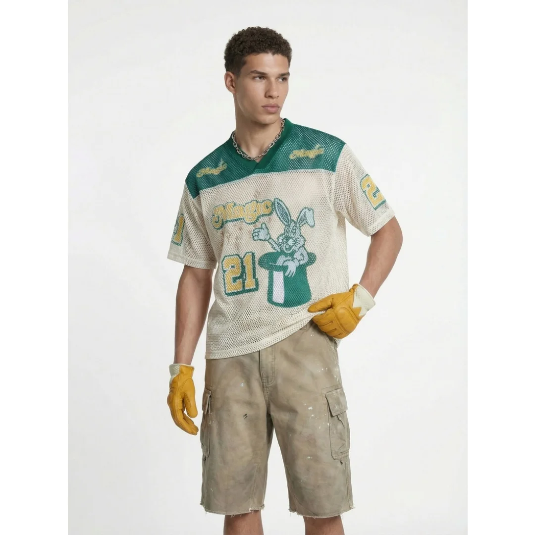 Men's V-neck short-sleeved T-shirt polo shirt 2026 digital digital print open-weave breathable jersey