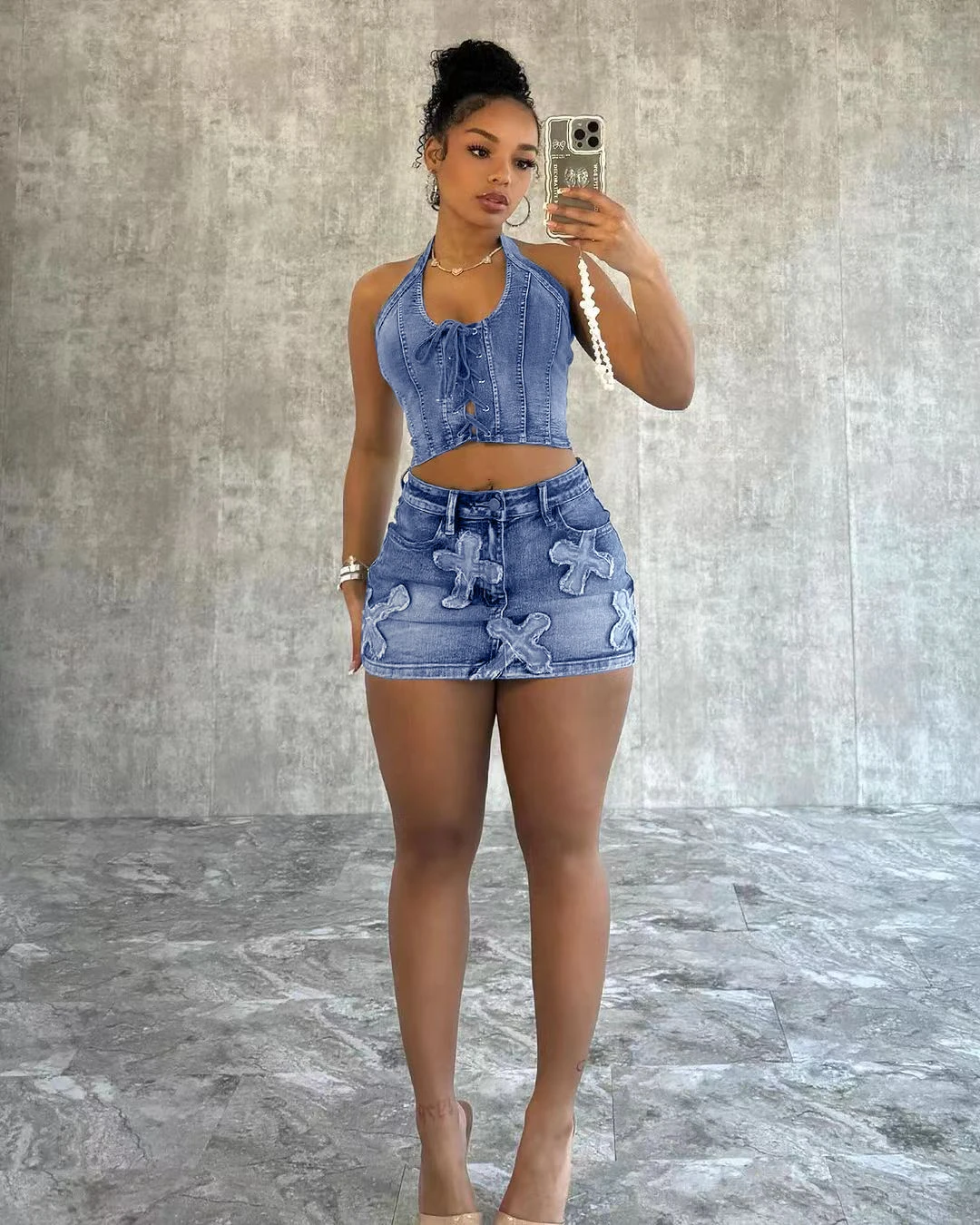 Casual sexy denim two piece skirt sets with strapless halter denim top and mini denim skirt