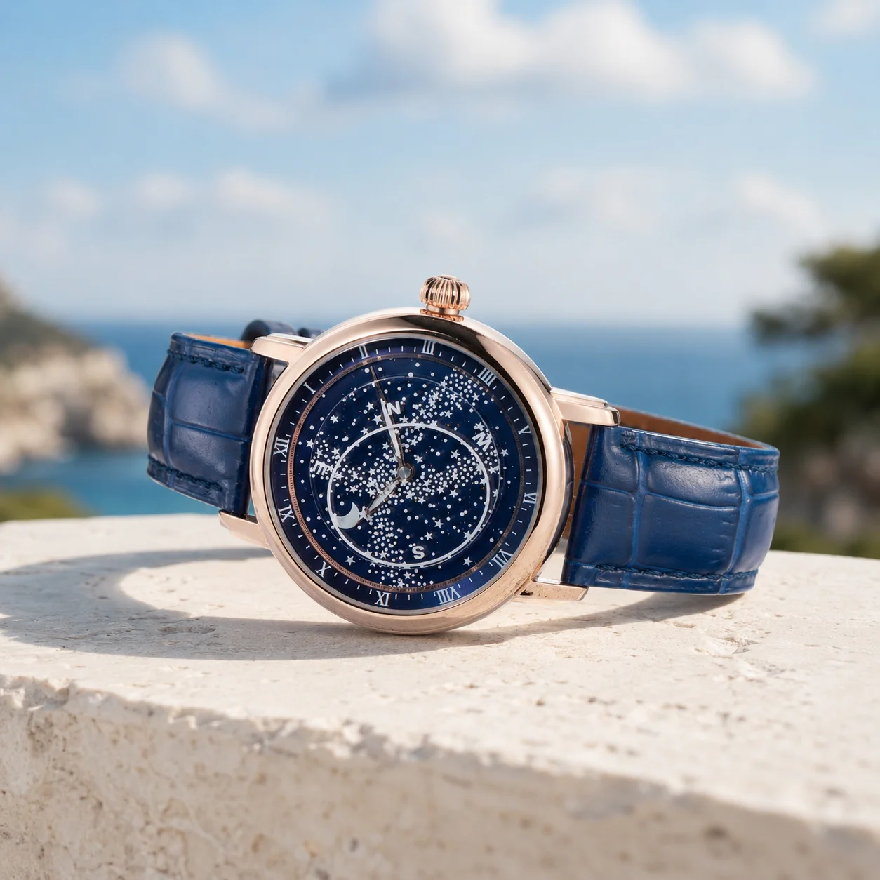 WEITA Rose Gold Starry Sky Automatic Mechanical Watch for Men Classic Calf Leather Strap Simple Design Timepiece WT003
