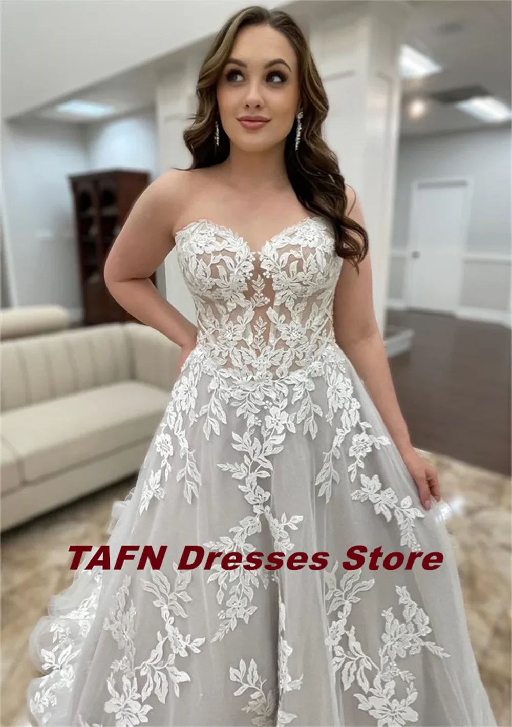 TAJoyGorgeous-Robe de mariée en dentelle, sans bretelles, ligne A, train de balayage, robe pour patients, col en cœur, robes éducatives