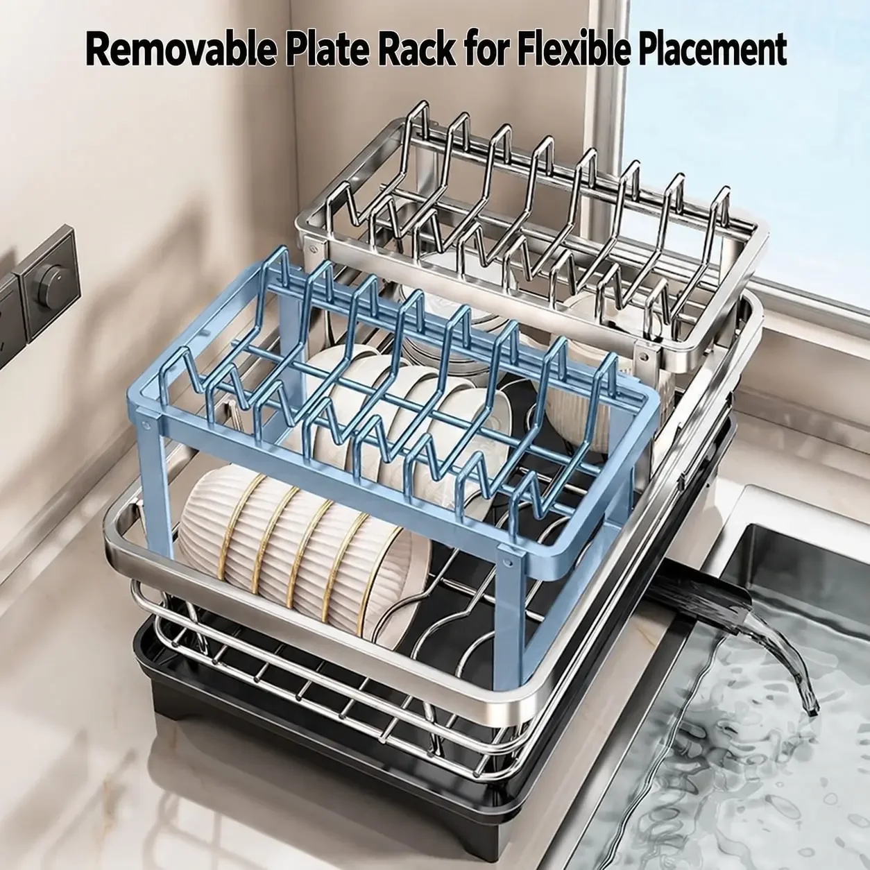 Stainless Steel Dish Drying Rack, Dish Rack, Plate Rack with Drain Tray, Knife Holder, Countertop Organizer for Bowls & Utensils 2