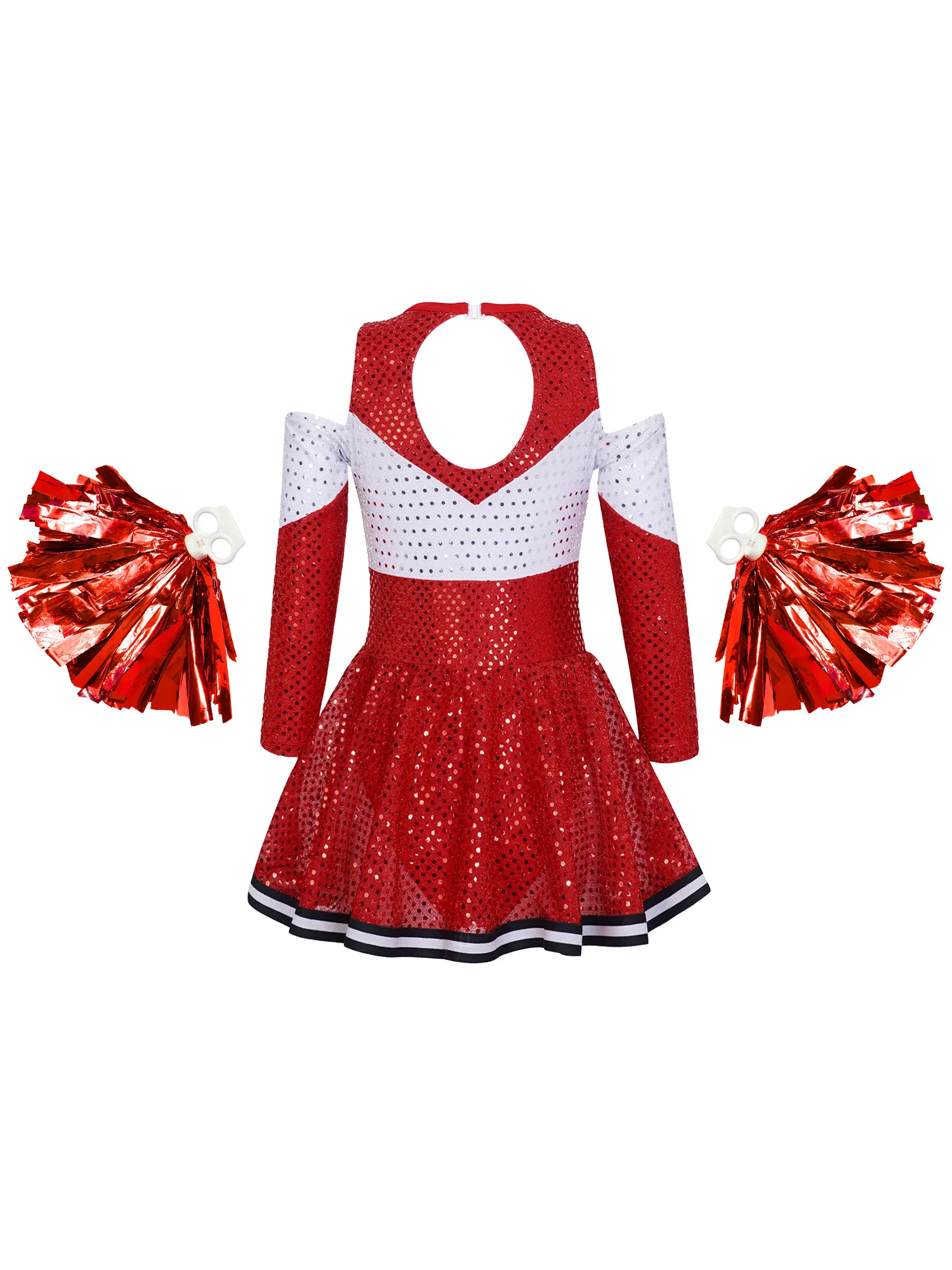 Kids Girls Sequins Cheer Leader Costume Long Sleeve Off Shoulder Latin Jazz Dance Stage Performance Cheerleading Dress Outfits