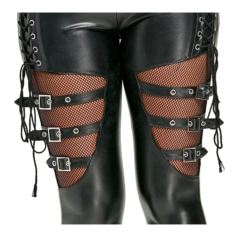 Faux PU Leather Pencil Pants Club Clothing Fishnet Trim Lace Pant Women PU Leather Skinny Slim Trouser  Gothic Punk Leggings