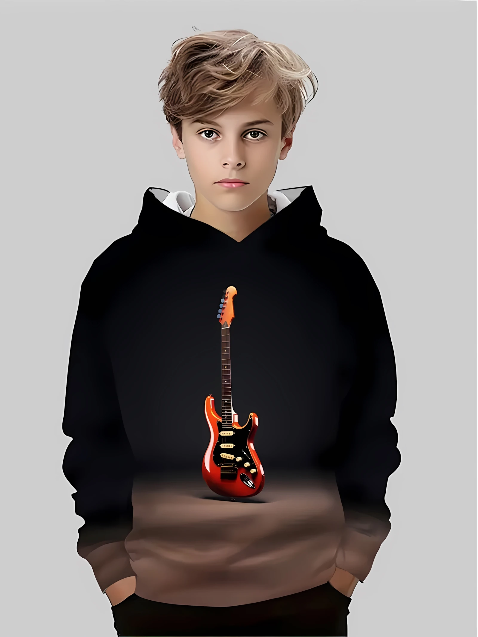 

The 2025 autumn new children's hoodie 3D guitar print casual and fashionable pullover