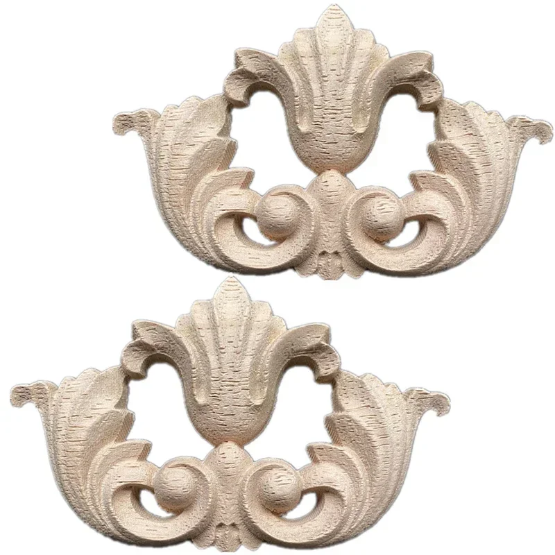 2PCS 13cm Rectangle Carving Natural Wood Appliques for Furniture Cabinet Unpainted Wooden Mouldings Decal Vintage Decoration