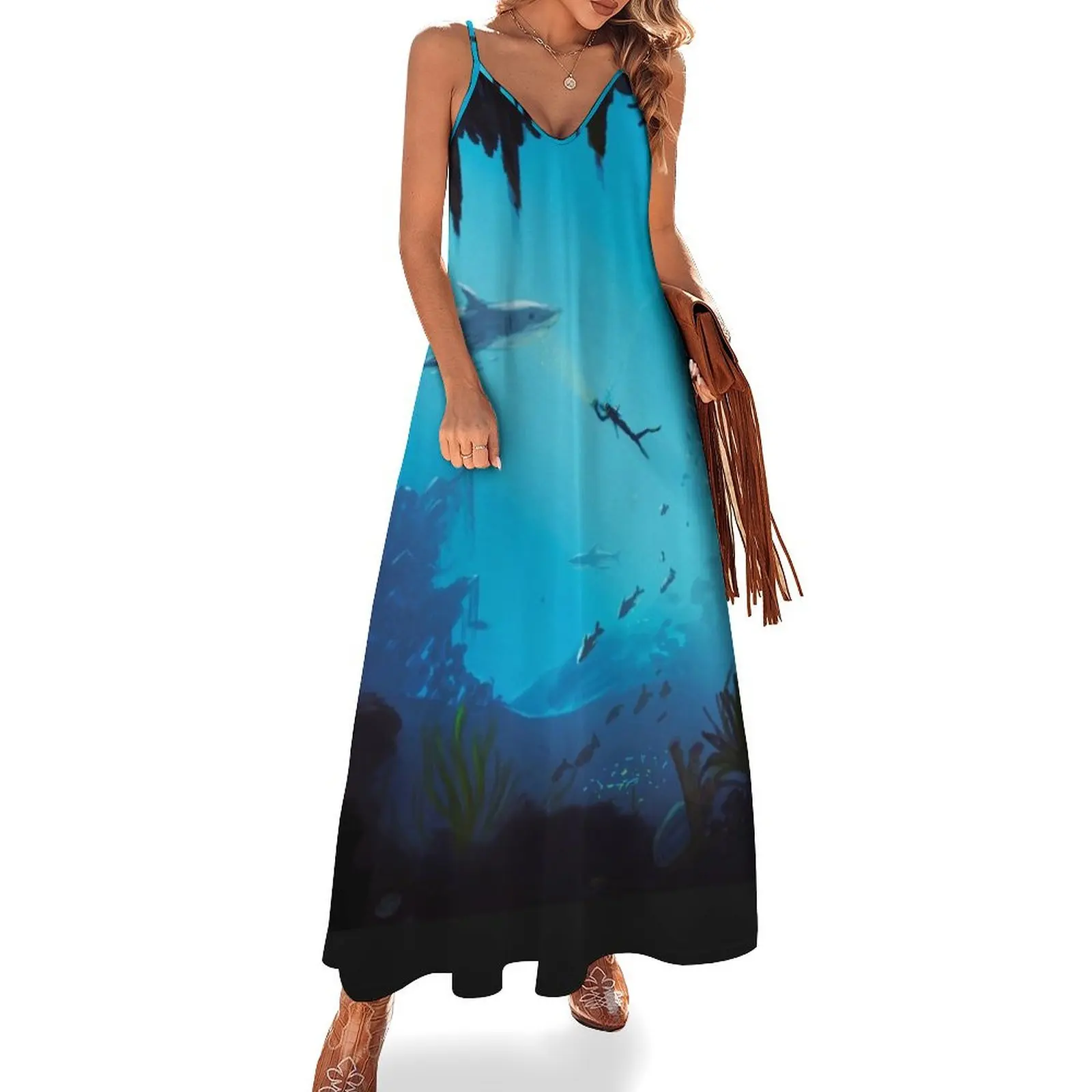 

underwater shark and diver Sleeveless Long Dress women evening dress Women long dress