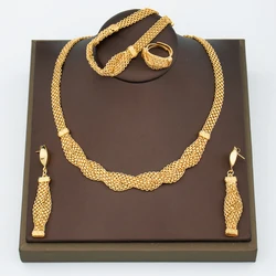 Fashion Women Jewelry Twist Design Choker Necklace Earrings and Bracelet Ring Gold Color Weddings Jewellery for Dubai African