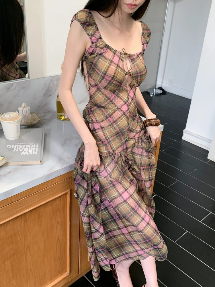 Summer Plaid Chiffon Chic Backless Sexy Sling Dress Women Elegant Bandage Casual Dress 2026 Korean Bodycon Luxury Evening Dress