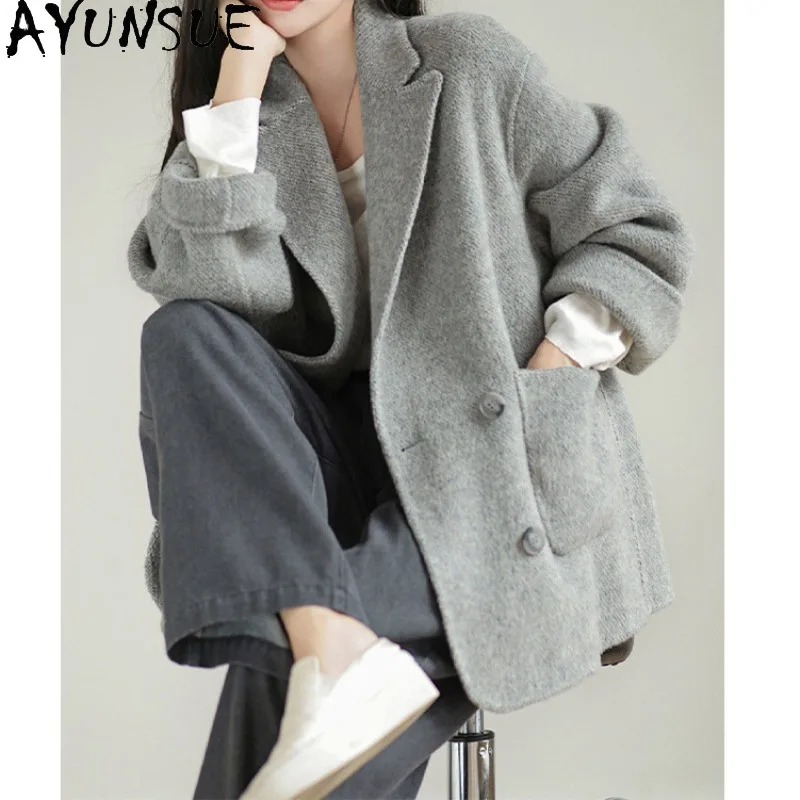 

AYUNSUE Women's Woolen Coats Loose Casual Double Breasted Jacket Office Lady Warm Jackets Woman Clothes Spring Autumn Ropa Mujer