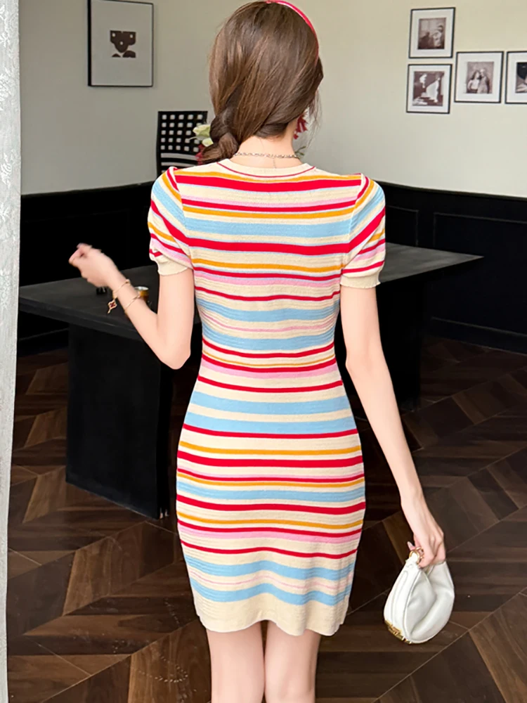 فستان صيفي قصير محبوك بأكمام قصيرة فستان نسائي أنيق غير رسمي كاواي 2025 فساتين حفلات أنيقة على الموضة الكورية