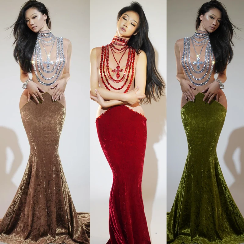 

Red Green Mesh Velvet Patchwork Trailing Dress Women Singer Rhinestones Gogo Costume Stage Catwalk Outfit Festival Wear XS8712