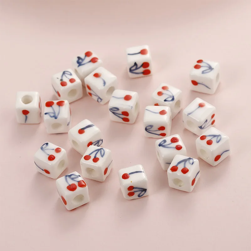 10pcs Hand Painted Cherry Square Shape Ceramic Beads 8x8mm 10x10mm Loose Spacer DIY Bead For Jewelry Making Accessories